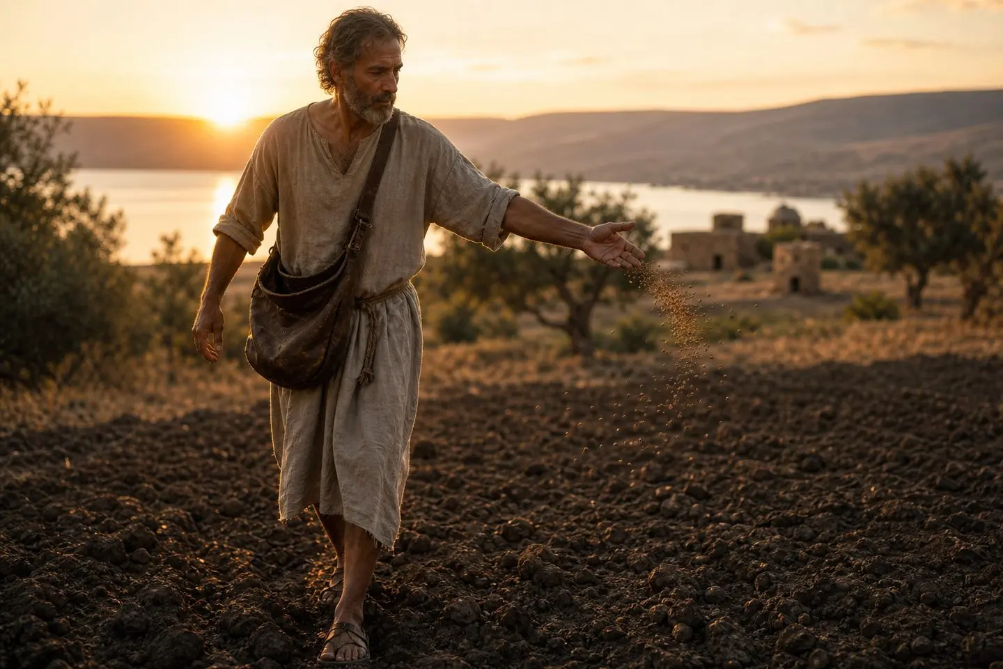 Parable of the Sower: a Galilean sower broadcasting seed across his field in a wide arc