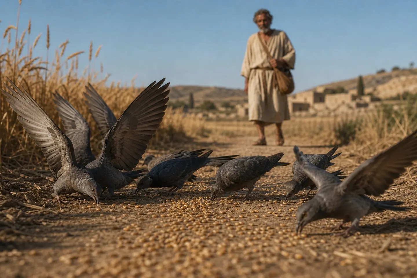 Parable of the Sower wayside soil: birds devouring seed that fell on the hard packed path