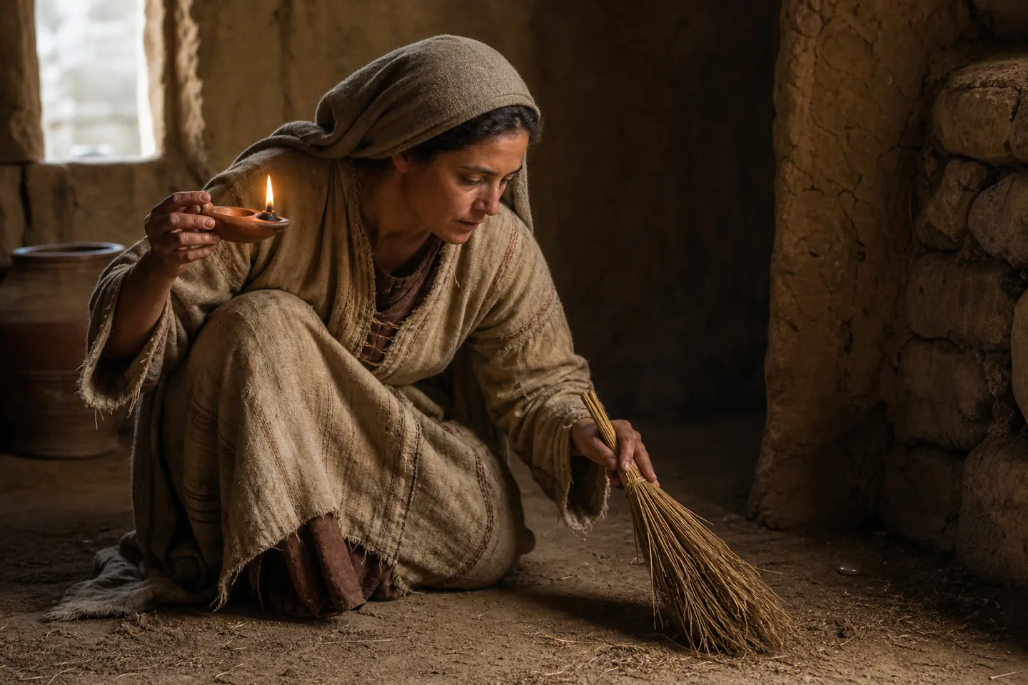 Parable of the Lost Coin: woman searching her house by lamplight with a broom