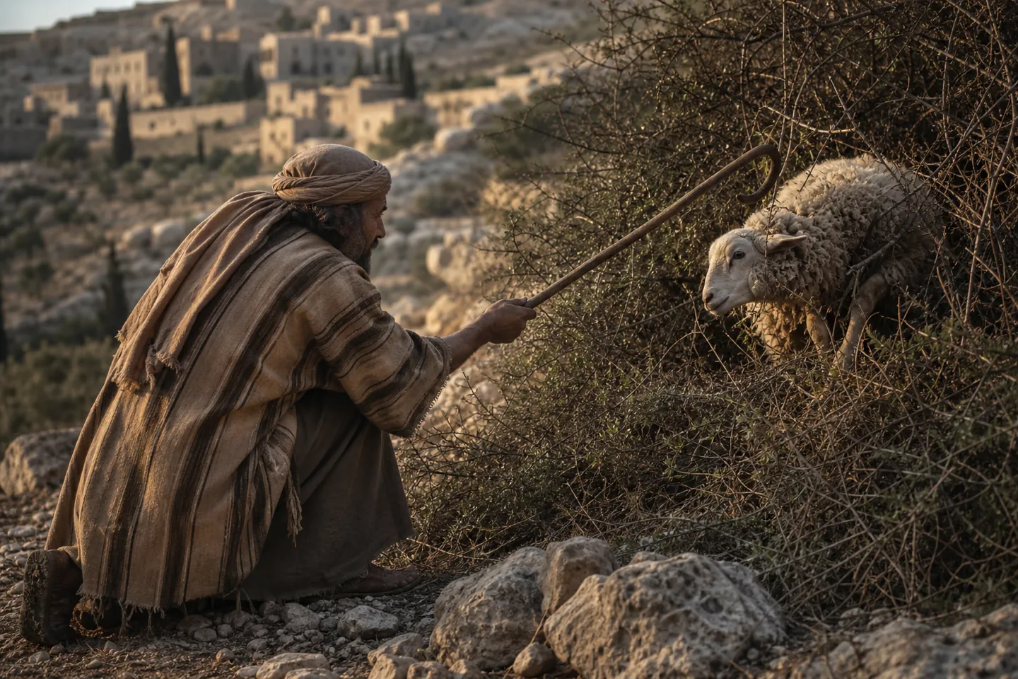 Parable of the Lost Sheep: shepherd using his hooked staff to lift a sheep from a thorn thicket