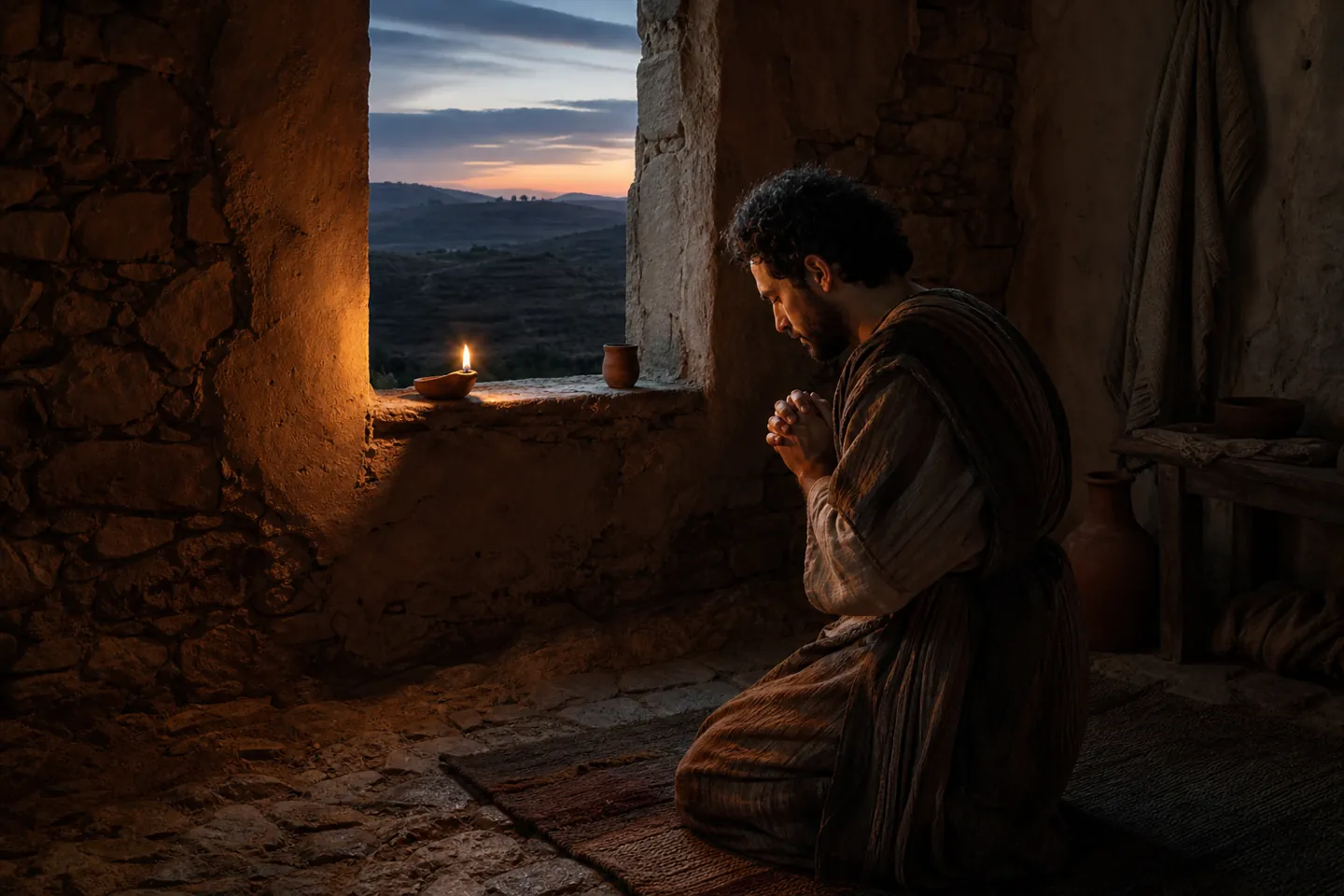 Persistent prayer without ceasing: a believer praying by lamplight as dawn breaks