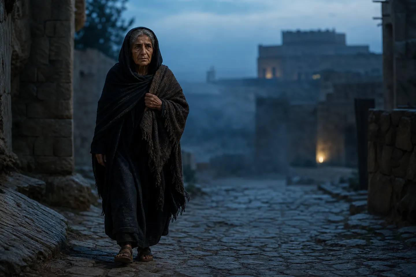 Parable of the persistent widow: the widow returning to the unjust judge again at dawn