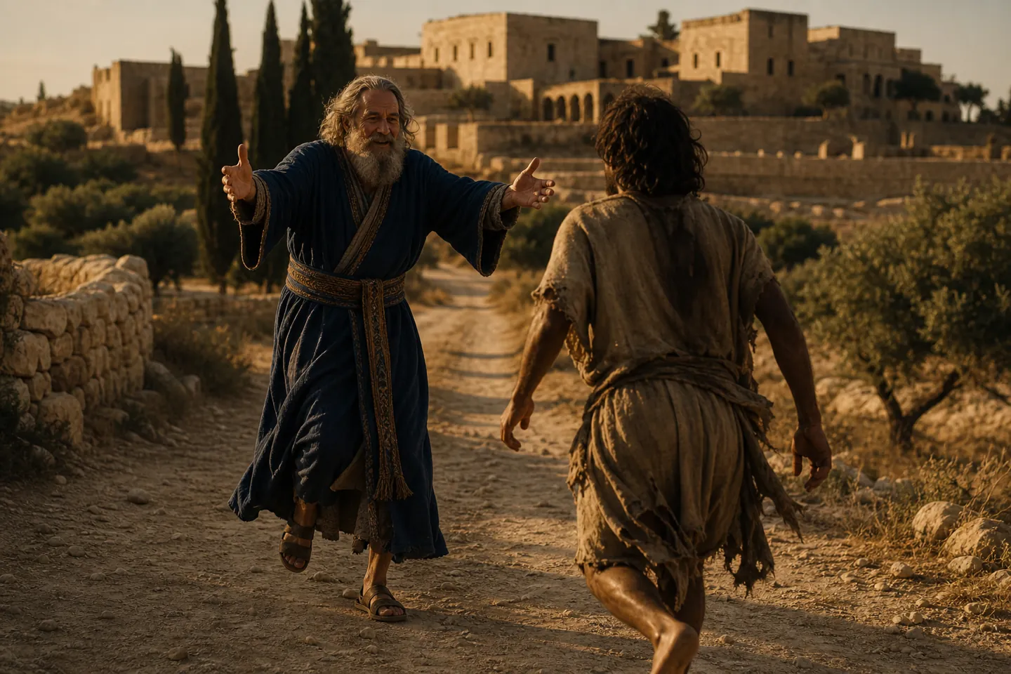 Parable of the prodigal son: the father runs down the road to embrace his returning son