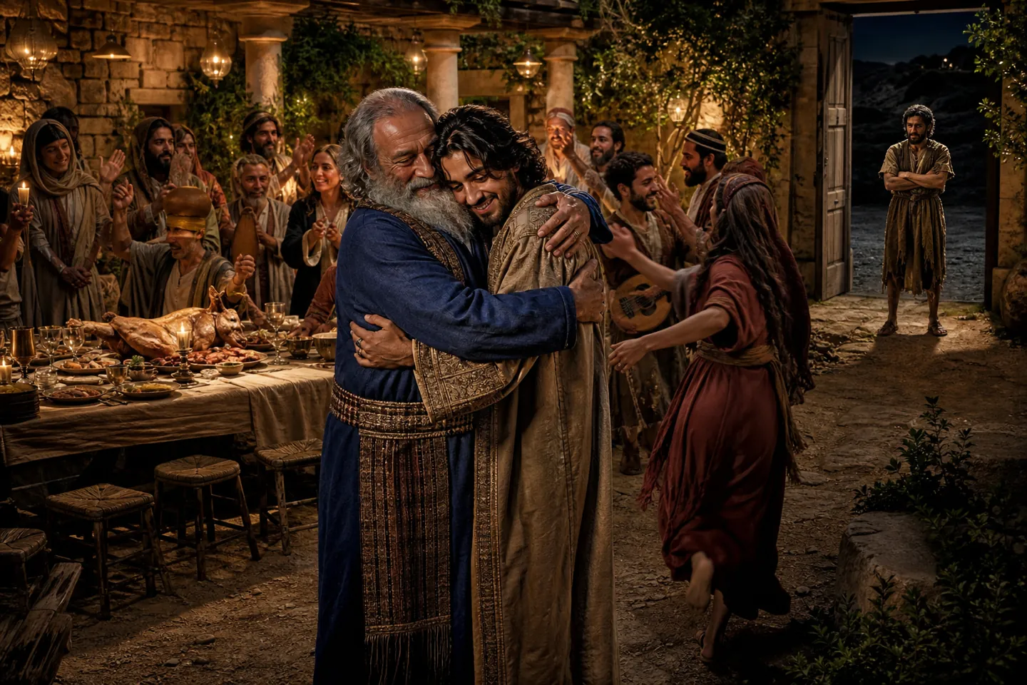 Parable of the prodigal son feast: the celebration inside while the older brother stands outside