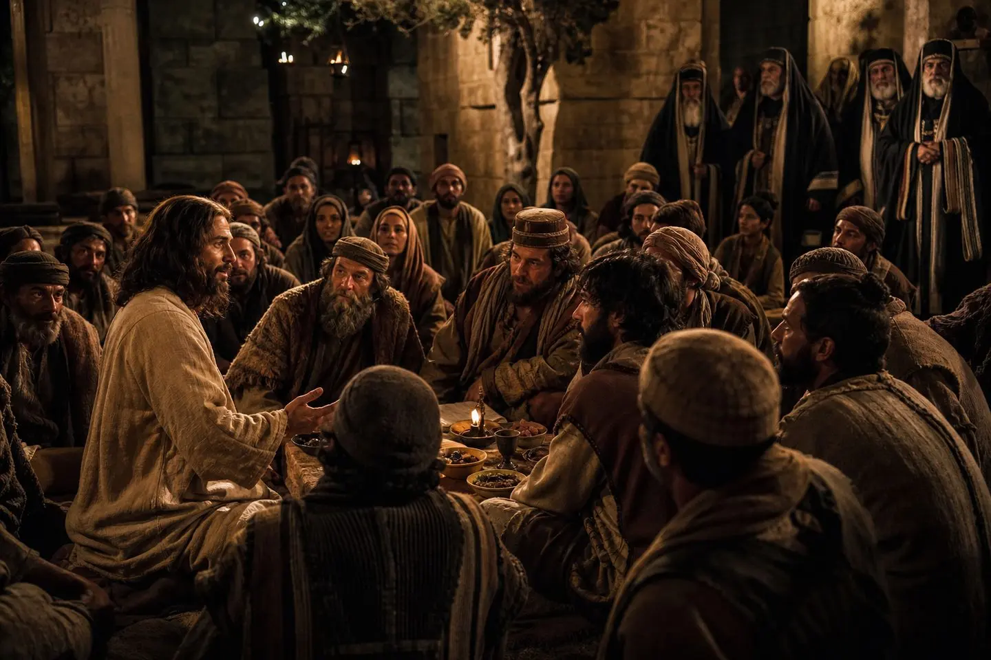 Parable of the prodigal son setting: Jesus eating with tax collectors and sinners as Pharisees watch in Luke 15