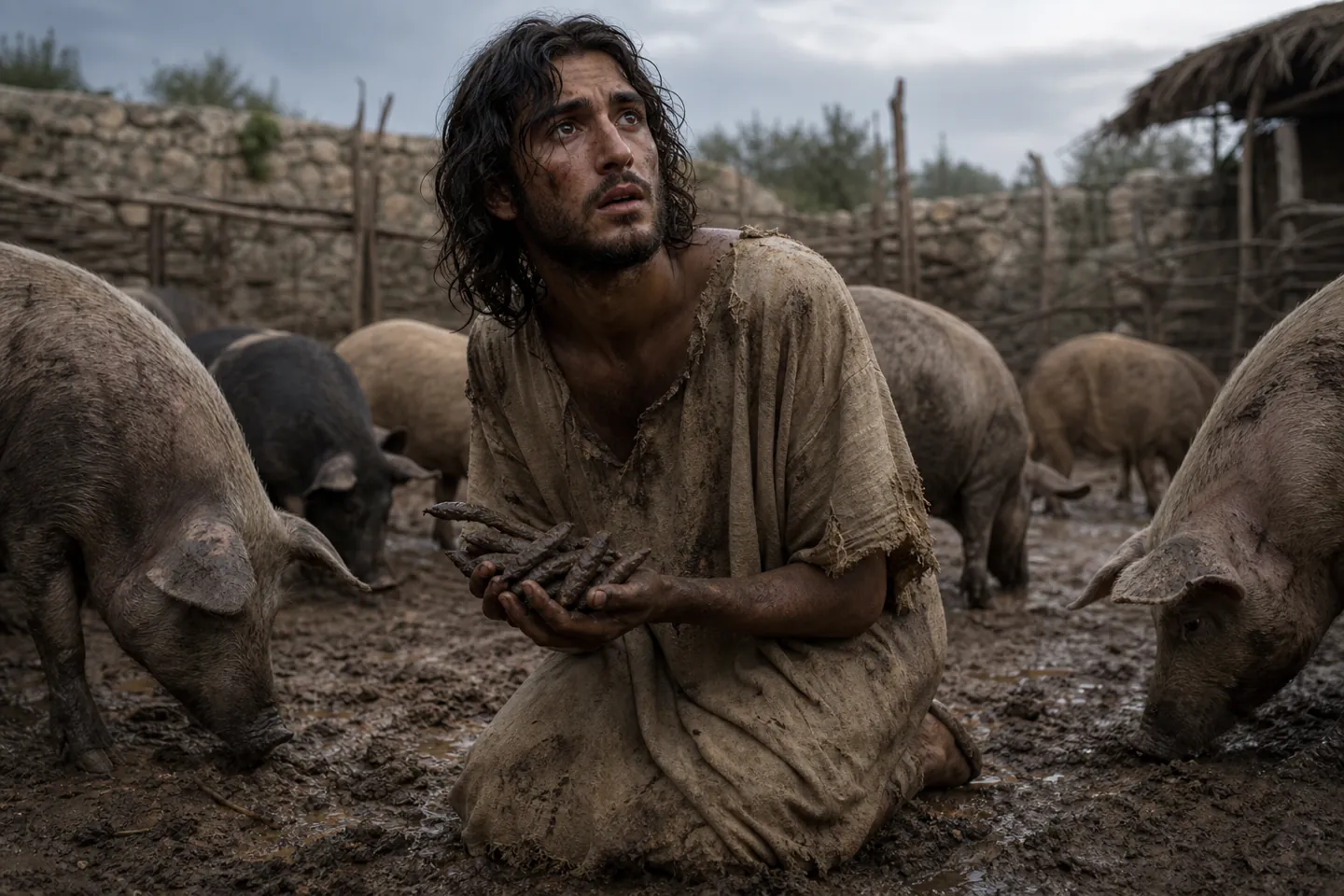 Parable of the prodigal son: the younger son starving in the pig pen among the swine