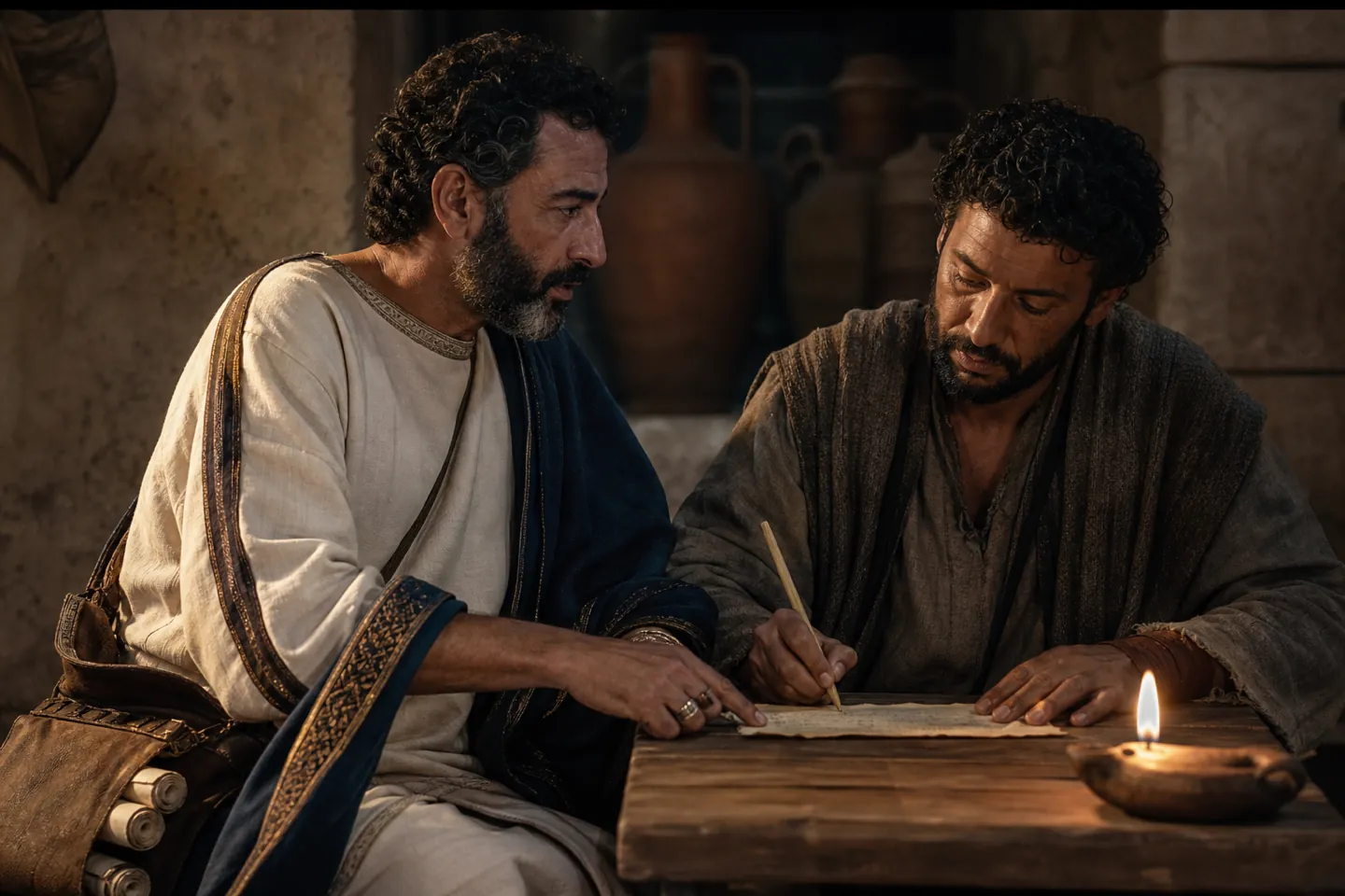 Parable of the Unjust Steward: the steward cutting a debtor's bill by lamplight