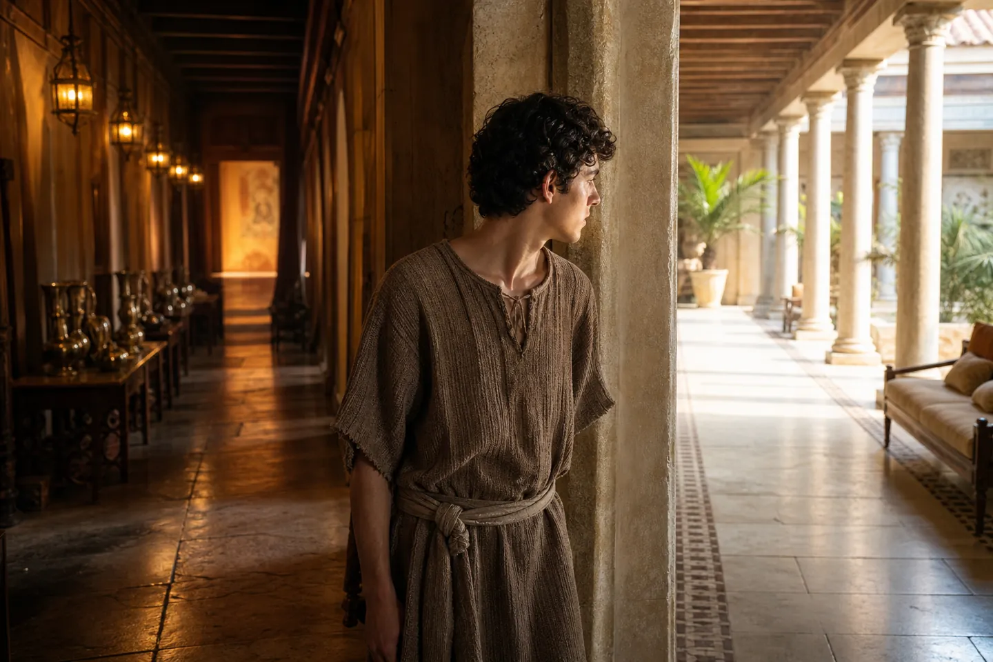 Parable of the Unjust Steward: a house servant between two masters' corridors, serving God or mammon
