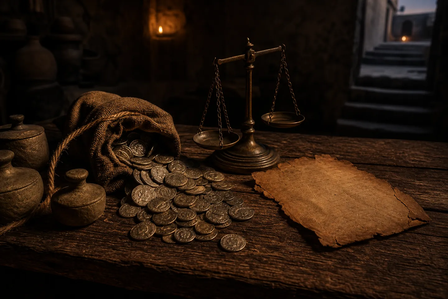 Parable of the Unjust Steward: silver coins and a merchant's scale picturing unrighteous mammon