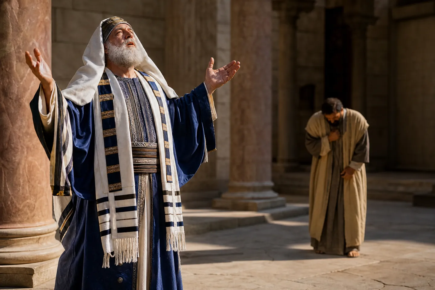 The Pharisee and the tax collector praying in the temple in the parable of Luke 18:9-14
