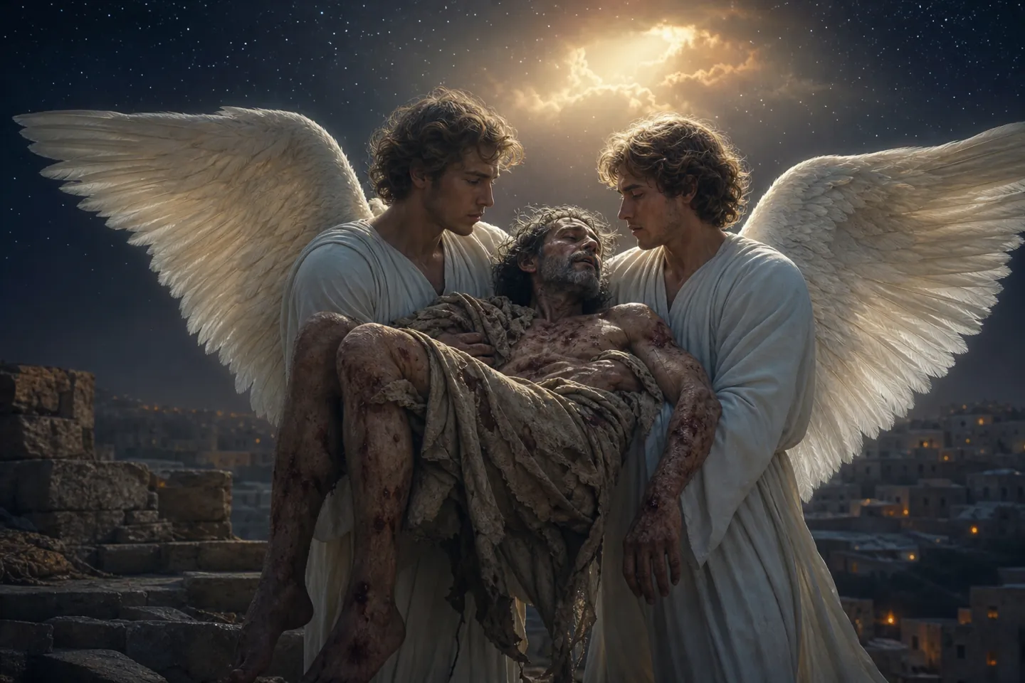Rich man and Lazarus: angels carrying the beggar Lazarus to Abraham's bosom