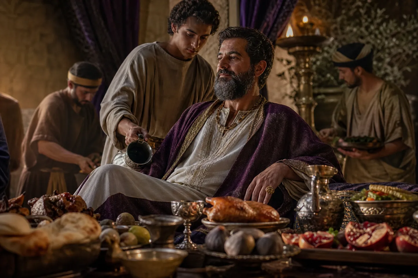 Rich man and Lazarus: the rich man clothed in purple and fine linen faring sumptuously every day