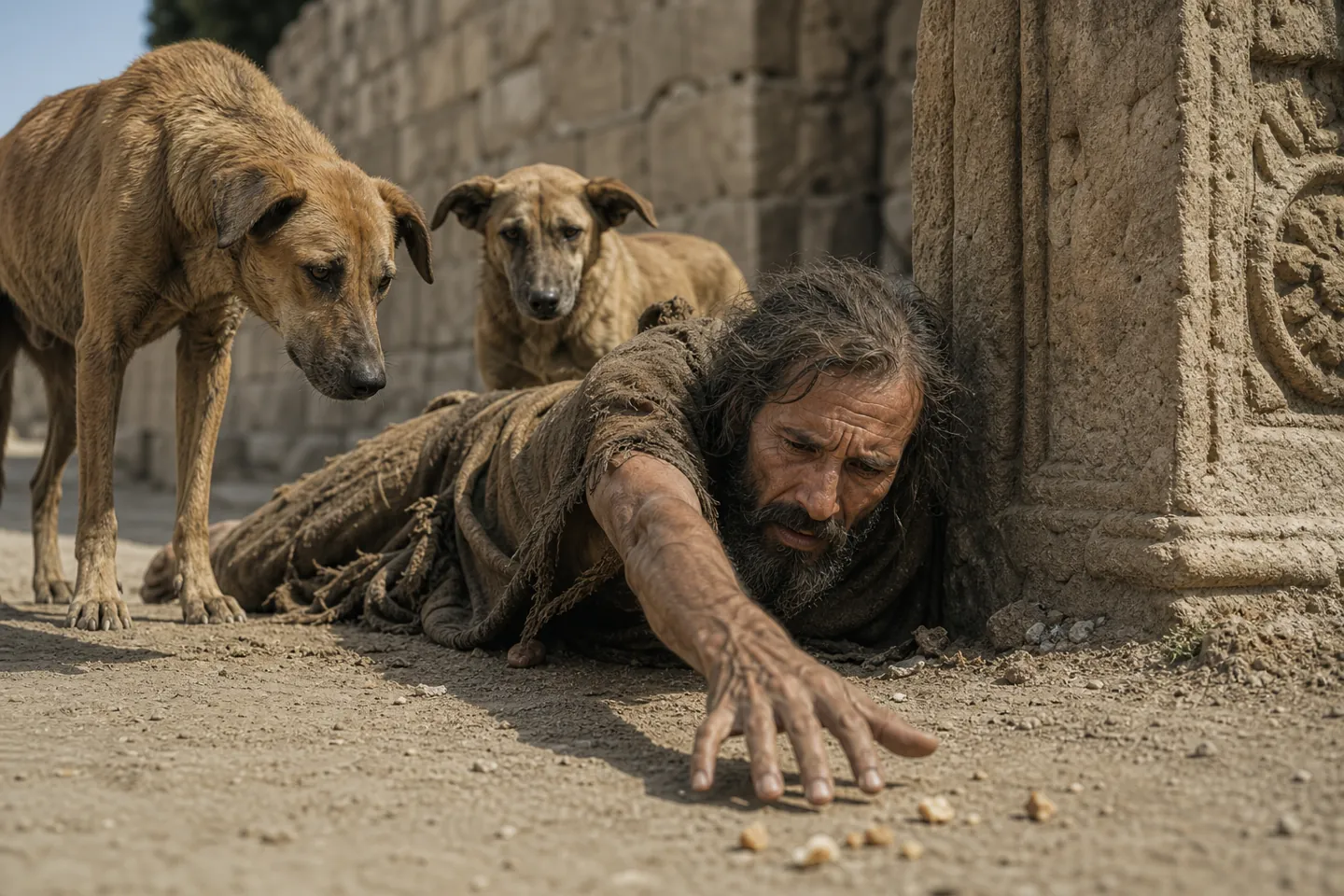 Rich man and Lazarus: Lazarus full of sores at the gate as feral dogs lick his wounds