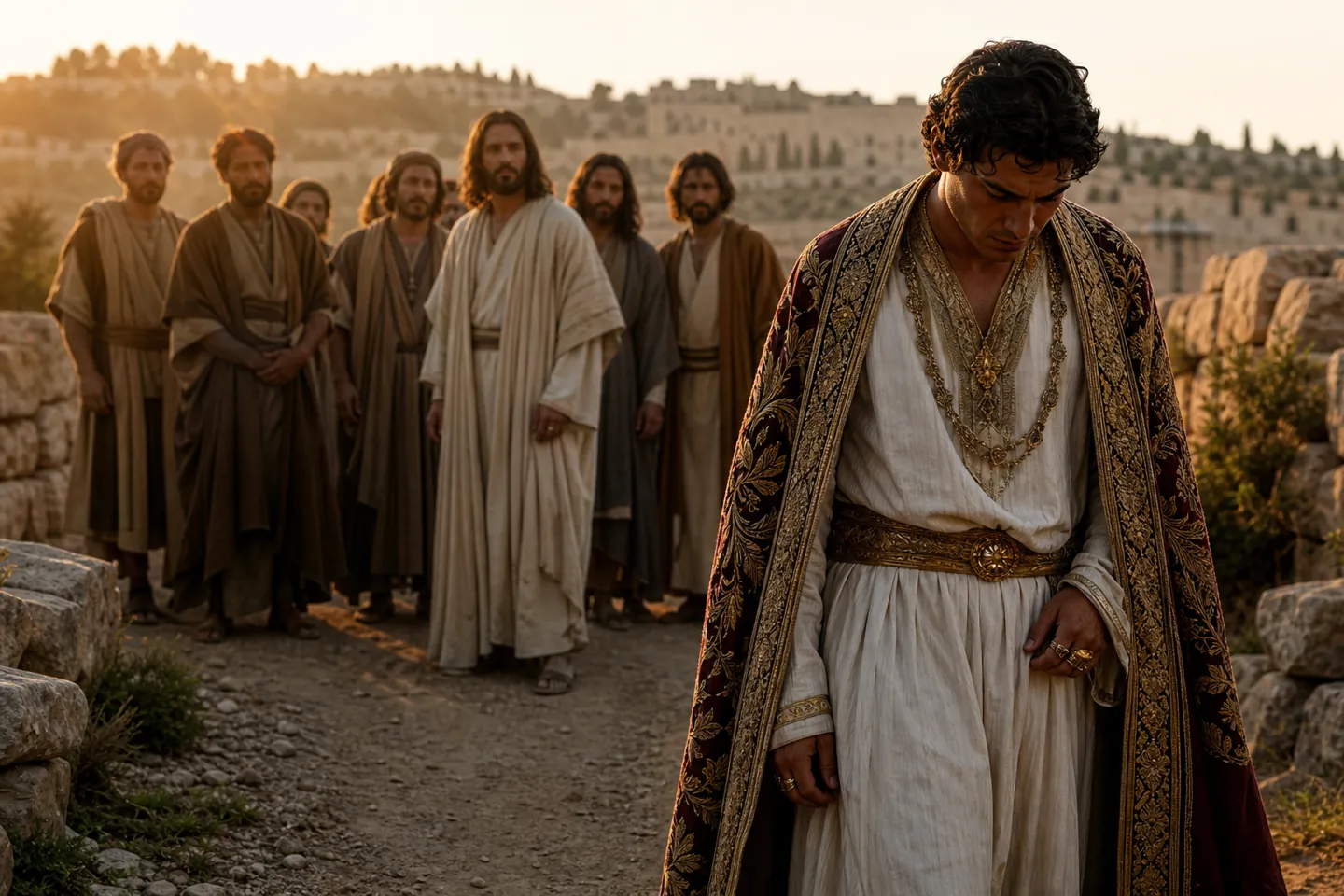The rich young ruler walking away from Jesus in sorrow in Luke 18