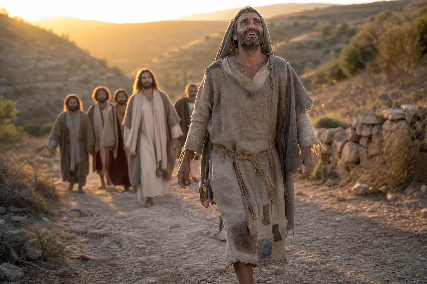 The thankful leper of the ten lepers story rises and goes his way, made well by faith