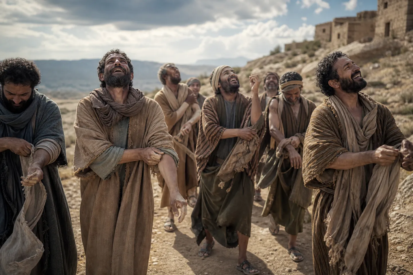 Ten lepers healed as they went: leprosy leaving the men on the road to the priests