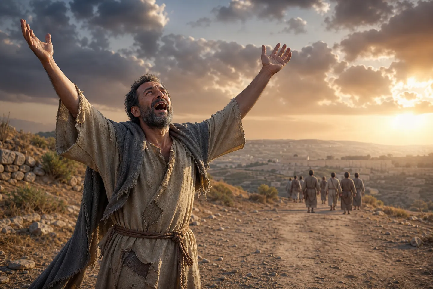 One of the ten lepers, a Samaritan, returns glorifying God while the nine walk away