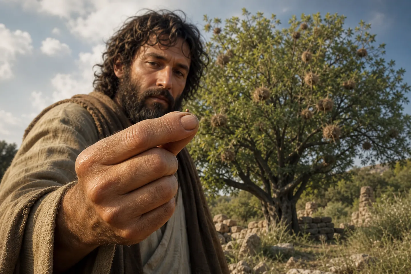 Why Jesus taught in parables: a tiny mustard seed held before the great tree it becomes